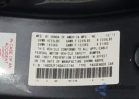 2013 Honda Accord Lx из США, поврежденный, VIN 1HGCR2F34DA033746